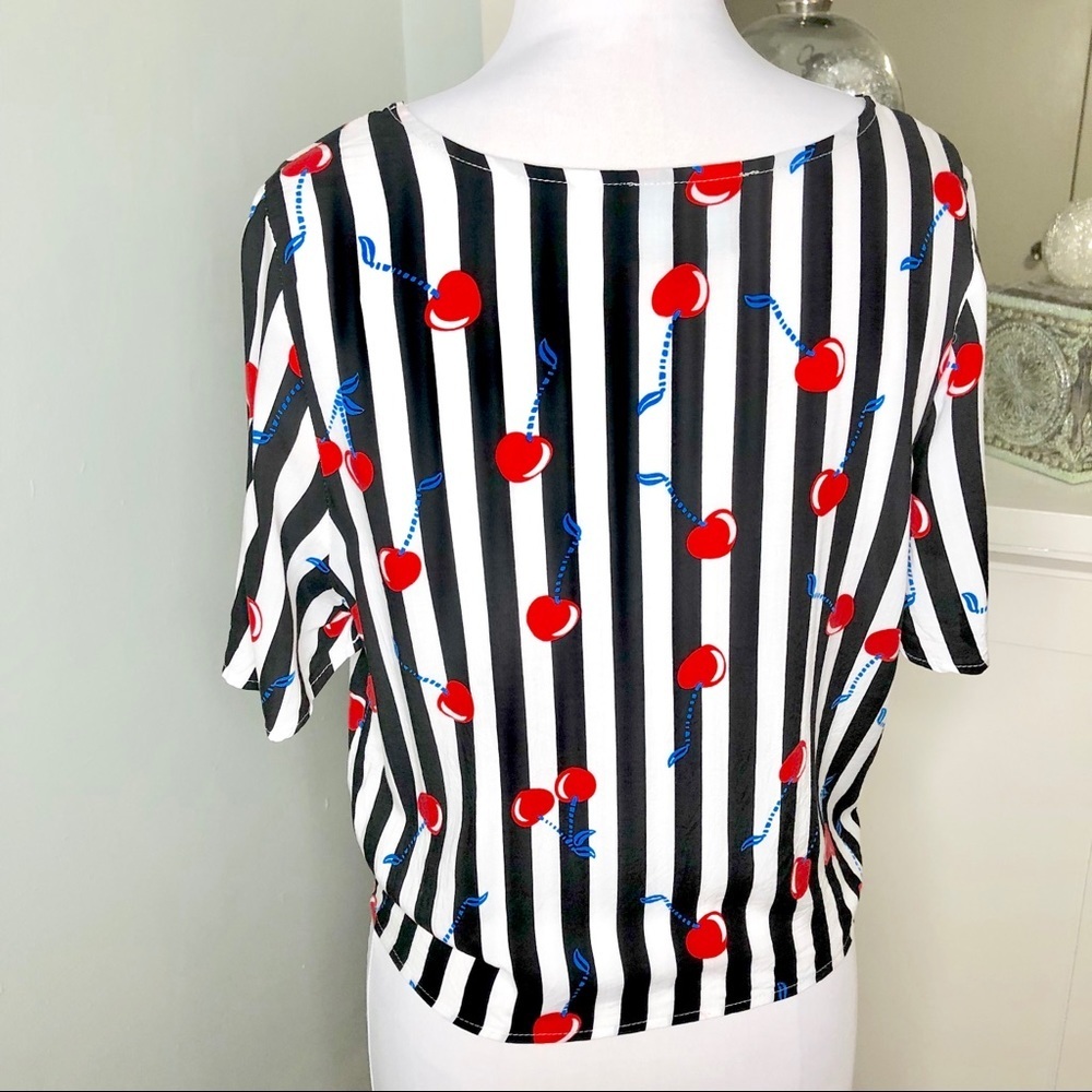 Cynthia Rowley Cherry Stripe Tie Front Top Retro Style Blouse - Picture 6 of 10